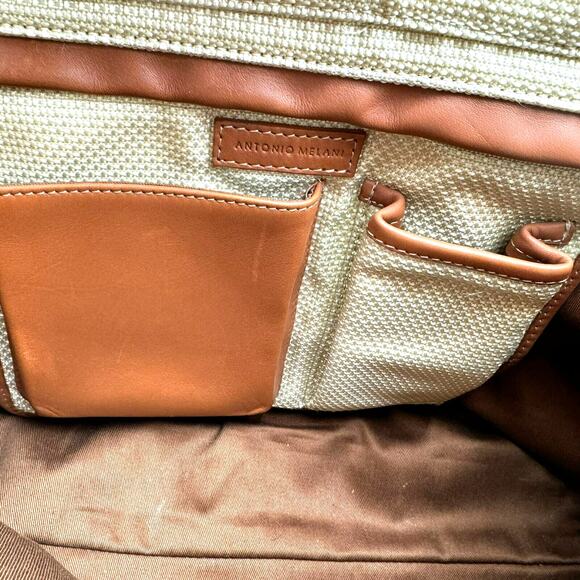 ANTONIO MELANI Tan‎ Brown Canvas Purse Handbag Shoulder Tote Faux Leather Trim - Picture 4 of 10